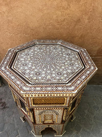 Mother of Pearl, Camel Bone & Carved Wood Octagonal Side Table — Grand Moorish Star Inlay