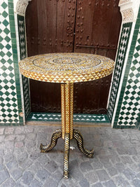 Mother of Pearl & Wood Round Pedestal Table — Khatam Geometric Mosaic — Set of 2