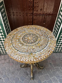 Mother of Pearl & Wood Round Pedestal Table — Khatam Geometric Mosaic — Set of 2