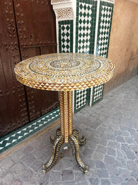 Mother of Pearl & Wood Round Pedestal Table — Khatam Geometric Mosaic — Set of 2