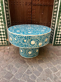 Mother of Pearl & Teal Resin Round Pedestal Table — Floral Botanical Scroll Inlay