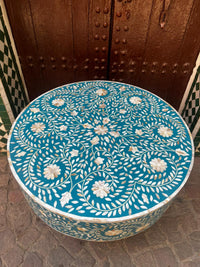 Mother of Pearl & Teal Resin Round Pedestal Table — Floral Botanical Scroll Inlay