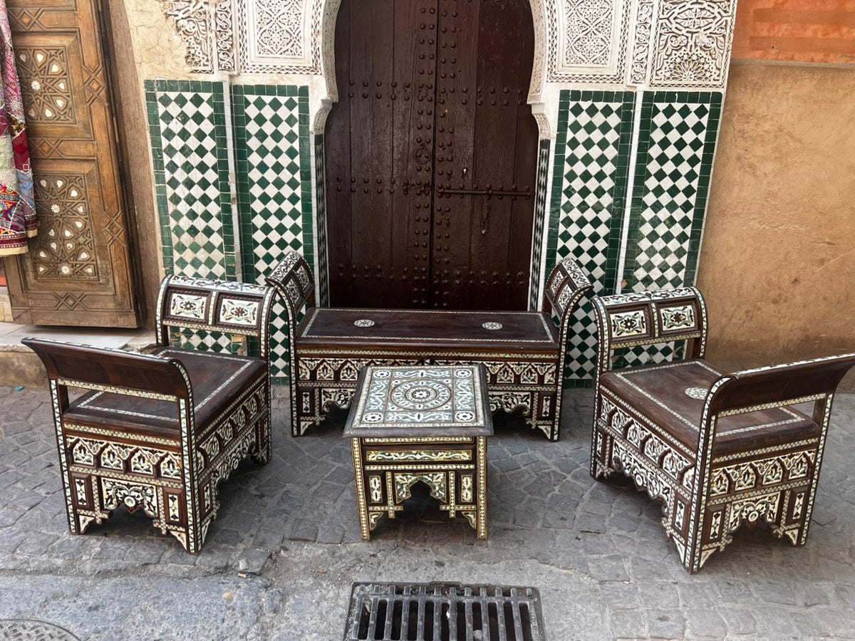 Mother of Pearl & Wood Moorish Salon Set — Two Armchairs, Settee & Coffee Table — Set of 4