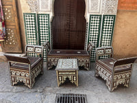Mother of Pearl & Wood Moorish Salon Set — Two Armchairs, Settee & Coffee Table — Set of 4
