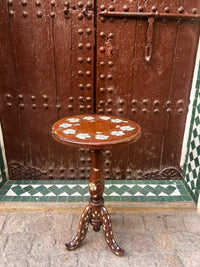 Walnut & Mother of Pearl Pedestal Side Table — Floral Wreath Inlay — Set of 2