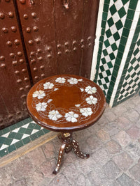 Walnut & Mother of Pearl Pedestal Side Table — Floral Wreath Inlay — Set of 2