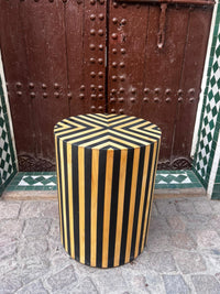 Smoked Wood & Black Resin Cylindrical Side Table — Chevron X & Vertical Stripe