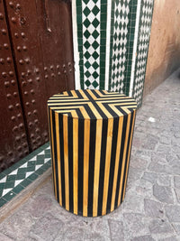 Smoked Wood & Black Resin Cylindrical Side Table — Chevron X & Vertical Stripe