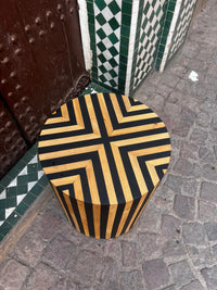 Smoked Wood & Black Resin Cylindrical Side Table — Chevron X & Vertical Stripe