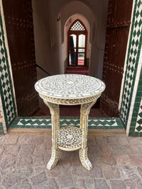 Camel Bone & Grey Resin Round Two-Tier Side Table — Botanical Leaf Inlay