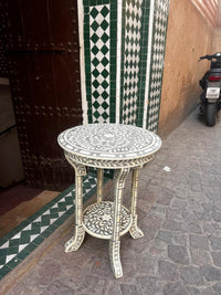 Camel Bone & Grey Resin Round Two-Tier Side Table — Botanical Leaf Inlay