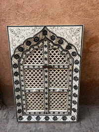 Hand-Painted Camel Bone Wall Panel — Mughal Arch Window with Pierced Lattice