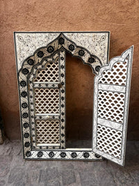 Hand-Painted Camel Bone Wall Panel — Mughal Arch Window with Pierced Lattice