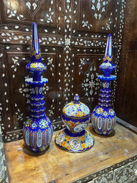 Hand-Painted Cobalt Blue Glass Decorative Set — Polychrome Floral & Gold Arabesque — Set of 3
