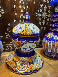 Hand-Painted Cobalt Blue Glass Decorative Set — Polychrome Floral & Gold Arabesque — Set of 3