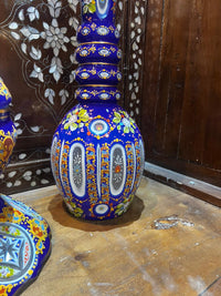 Hand-Painted Cobalt Blue Glass Decorative Set — Polychrome Floral & Gold Arabesque — Set of 3