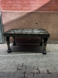 Ebonised Wood & Mother of Pearl Rectangular Dining Table — Geometric Inlay with Glass Top