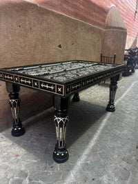 Ebonised Wood & Mother of Pearl Rectangular Dining Table — Geometric Inlay with Glass Top