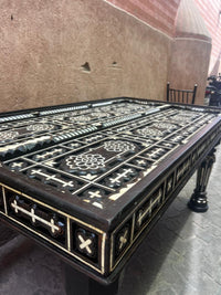 Ebonised Wood & Mother of Pearl Rectangular Dining Table — Geometric Inlay with Glass Top
