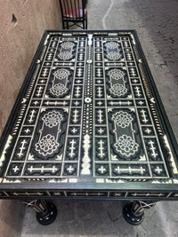 Ebonised Wood & Mother of Pearl Rectangular Dining Table — Geometric Inlay with Glass Top