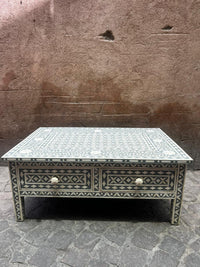 Camel Bone & Grey Resin Square Coffee Table — Geometric Inlay with Two Drawers
