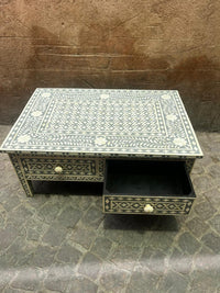 Camel Bone & Grey Resin Square Coffee Table — Geometric Inlay with Two Drawers