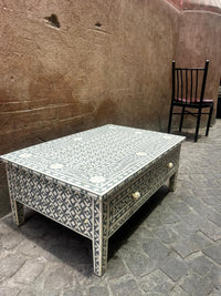 Camel Bone & Grey Resin Square Coffee Table — Geometric Inlay with Two Drawers
