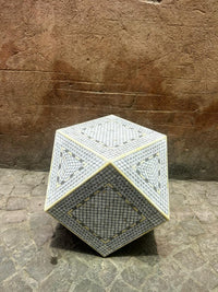 Camel Bone & Mother of Pearl Geometric Side Table — Micro-Grid Mosaic with Diamond Star