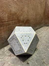Camel Bone & Mother of Pearl Geometric Side Table — Micro-Grid Mosaic with Diamond Star