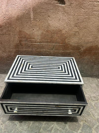 Mother of Pearl & Black Resin Coffee Table — Concentric Rectangular Stripe with Drawer