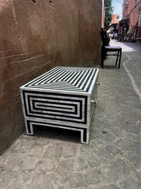 Mother of Pearl & Black Resin Coffee Table — Concentric Rectangular Stripe with Drawer