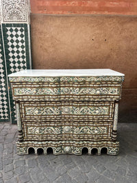 Mother of Pearl & Wood Serpentine Commode — Arabesque Inlay with White Marble Top
