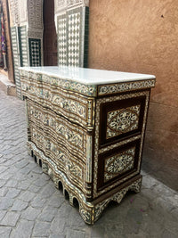 Mother of Pearl & Wood Serpentine Commode — Arabesque Inlay with White Marble Top