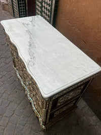 Mother of Pearl & Wood Serpentine Commode — Arabesque Inlay with White Marble Top