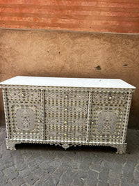 Mother of Pearl, Camel Bone & Wood Sideboard — Micro-Mosaic Geometric Inlay with White Marble Top