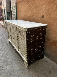 Mother of Pearl, Camel Bone & Wood Sideboard — Micro-Mosaic Geometric Inlay with White Marble Top