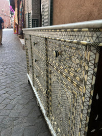 Mother of Pearl, Camel Bone & Wood Sideboard — Micro-Mosaic Geometric Inlay with White Marble Top