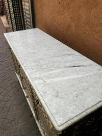 Mother of Pearl, Camel Bone & Wood Sideboard — Micro-Mosaic Geometric Inlay with White Marble Top