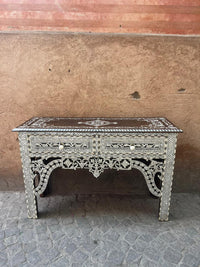 Mother of Pearl, Camel Bone & Wood Console Table — Geometric Mosaic with Pierced Moorish Arch Apron