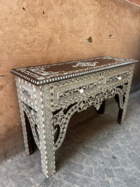 Mother of Pearl, Camel Bone & Wood Console Table — Geometric Mosaic with Pierced Moorish Arch Apron