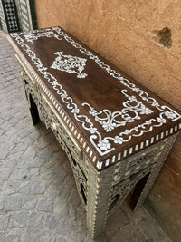 Mother of Pearl, Camel Bone & Wood Console Table — Geometric Mosaic with Pierced Moorish Arch Apron