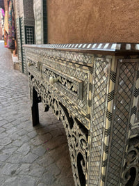 Mother of Pearl, Camel Bone & Wood Console Table — Geometric Mosaic with Pierced Moorish Arch Apron