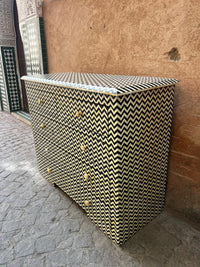 Camel Bone & Black Resin Chest of Drawers — Full Chevron Zigzag Inlay
