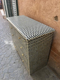 Camel Bone & Black Resin Chest of Drawers — Full Chevron Zigzag Inlay