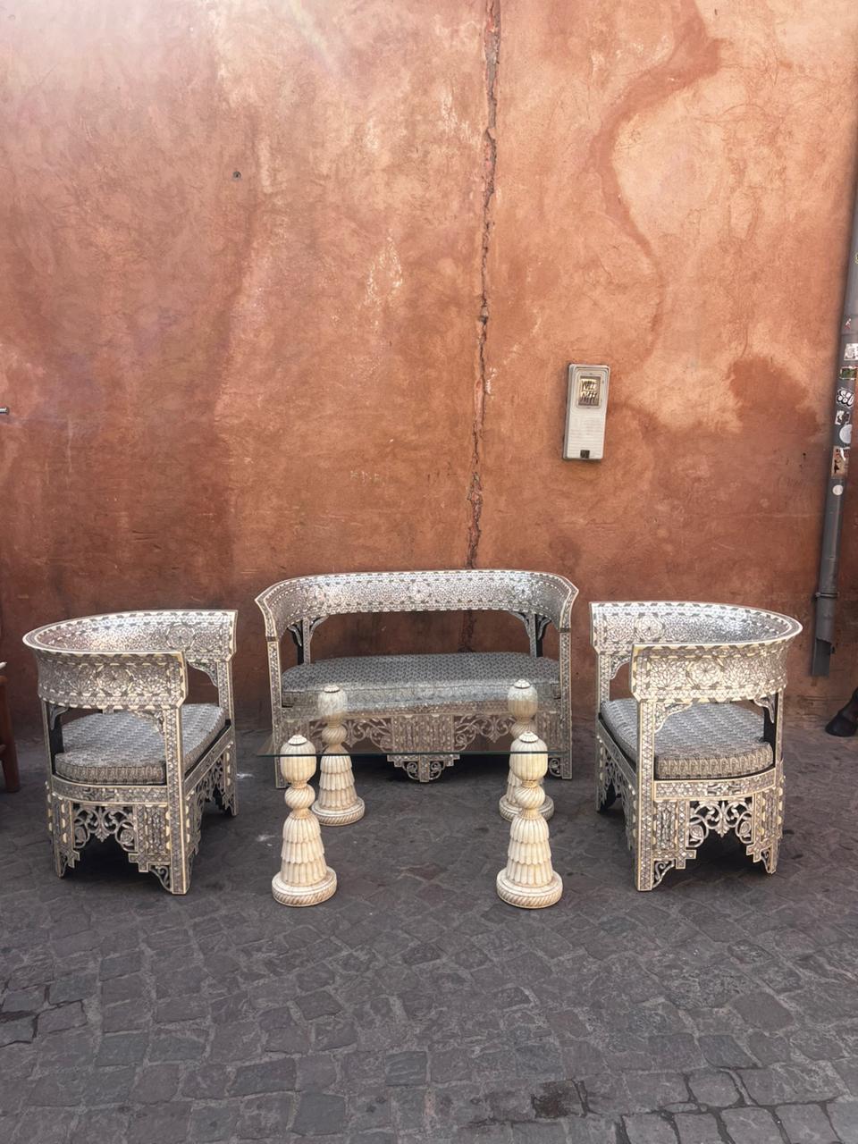 Mother of Pearl & Camel Bone Salon Set — Arabesque Inlay with Glass Coffee Table — Set of 4