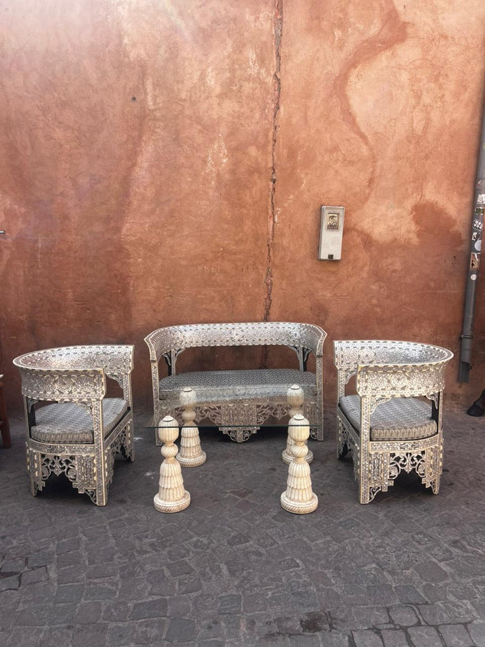 Mother of Pearl & Camel Bone Salon Set — Arabesque Inlay with Glass Coffee Table — Set of 4