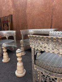 Mother of Pearl & Camel Bone Salon Set — Arabesque Inlay with Glass Coffee Table — Set of 4