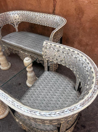 Mother of Pearl & Camel Bone Salon Set — Arabesque Inlay with Glass Coffee Table — Set of 4