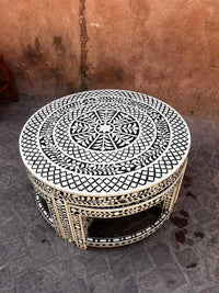 Camel Bone & Black Resin Round Coffee Table with 4 Nesting Stools — Botanical Inlay — Set of 5