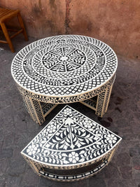 Camel Bone & Black Resin Round Coffee Table with 4 Nesting Stools — Botanical Inlay — Set of 5